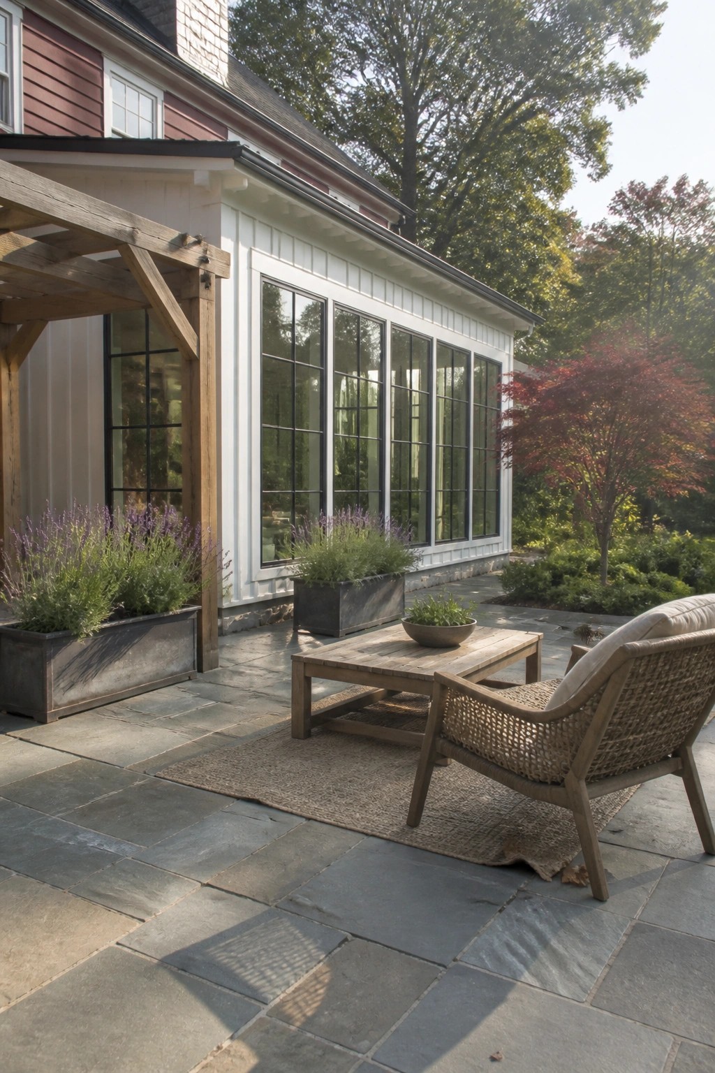 A stone patio with a wooden lounge chair, coffee table, and jute rug positioned next to a house with white board-and-batten siding and maroon accents.