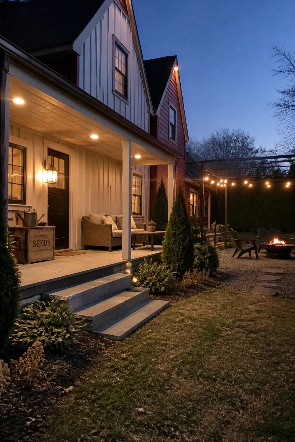 A two-story maroon farmhouse at dusk with white board-and-batten siding on the gables and porch, a lit front porch, and a backyard fire pit area with string lights.