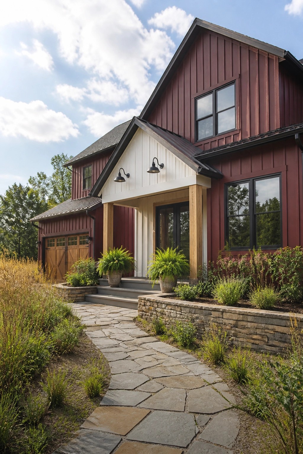 A maroon farmhouse with white board-and-batten accents on the front gable and entry porch, shown from a stone pathway with potted ferns.