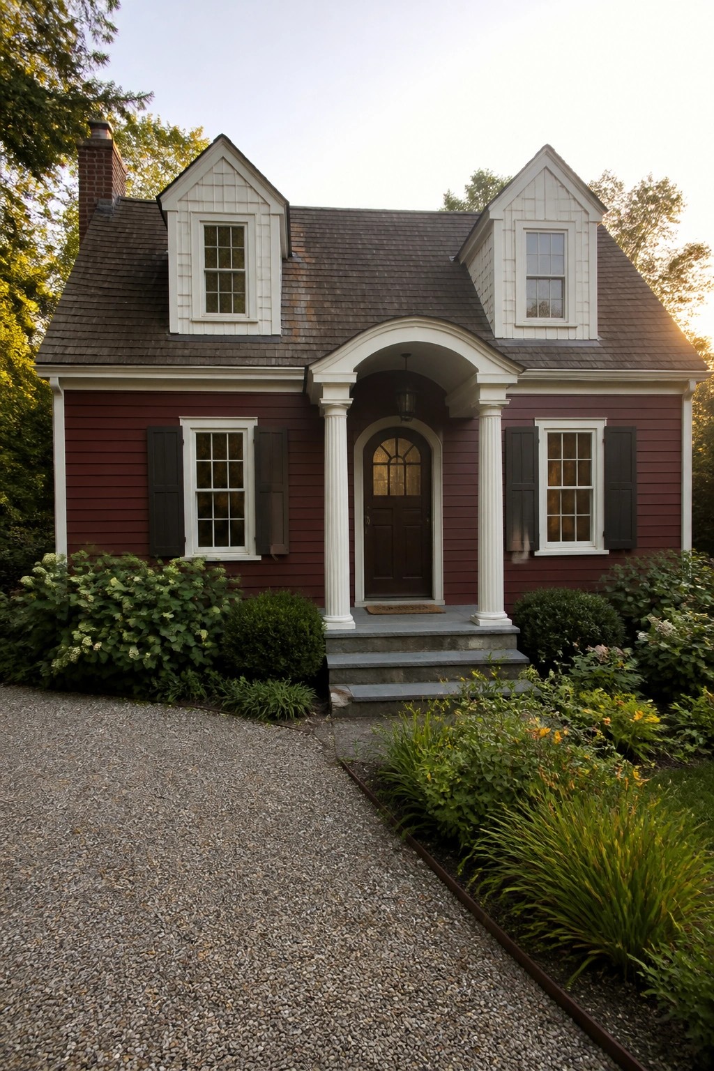 Red house with white columns, arched porch, dormers, gravel path, and garden