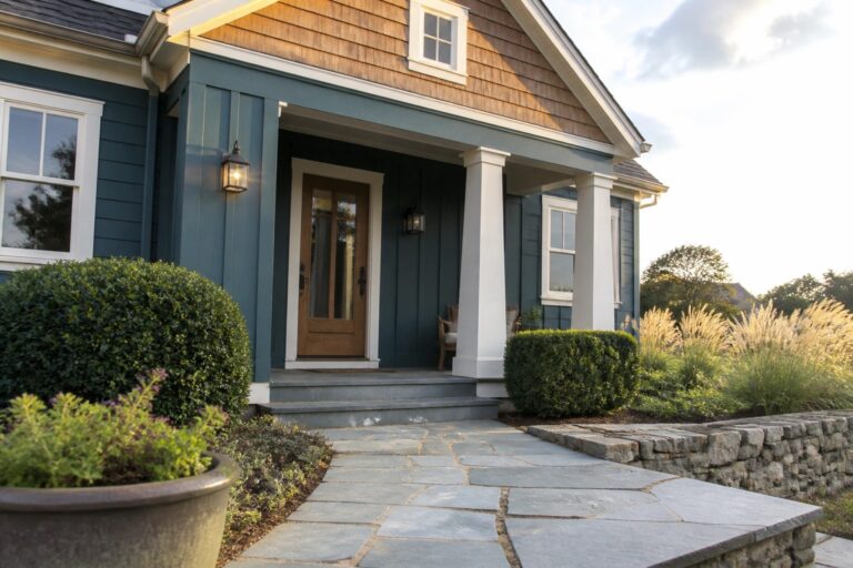 A teal house exterior featuring a wooden front door, wooden porch columns, white trim, gray stone steps, and a flagstone walkway.