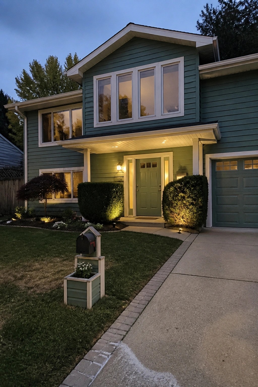A two-story teal house with white trim around the windows and door, a green front door, and a concrete driveway at dusk.