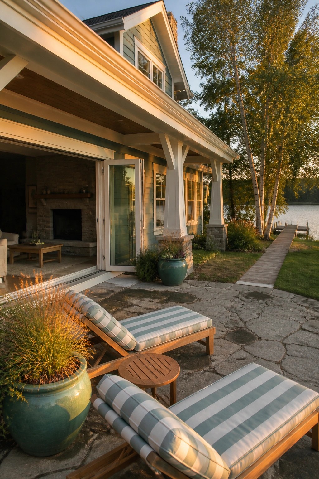 Stone patio with green-and-white striped lounge chairs beside lakeside home and dock