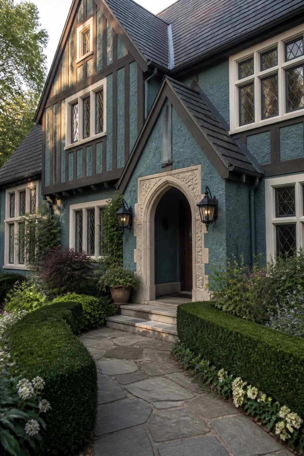 Tudor-style house with teal stucco, dark timber framing, stone archway, and lush garden path.