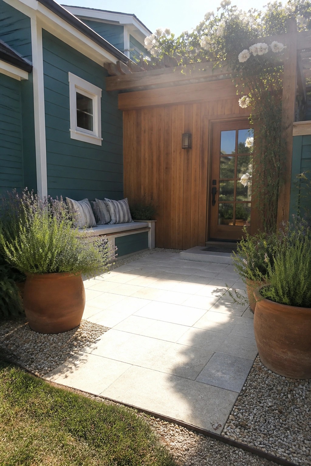 A teal house exterior with white trim, a wooden door, and a stone patio bordered by large terracotta pots and climbing white roses.