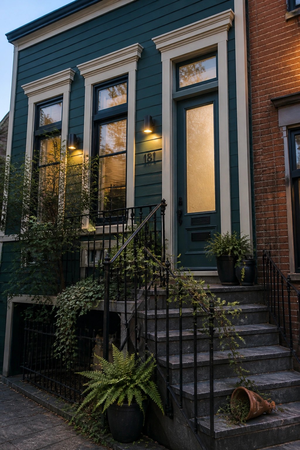 Teal house with green door 181, stone steps, black railings, and potted plants at dusk