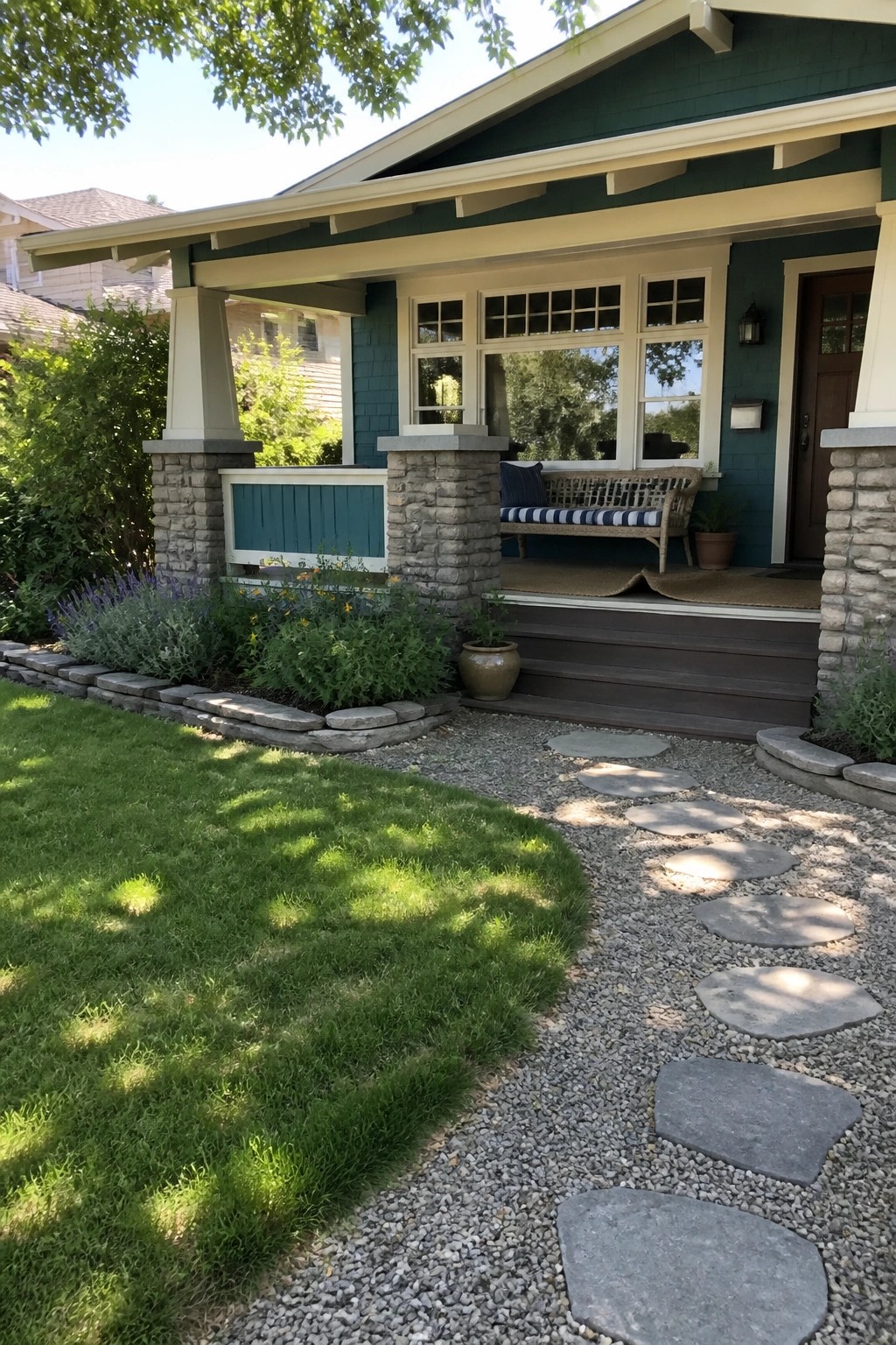 A teal house exterior with white trim, stone porch pillars, dark steps, and a gravel path with stepping stones.