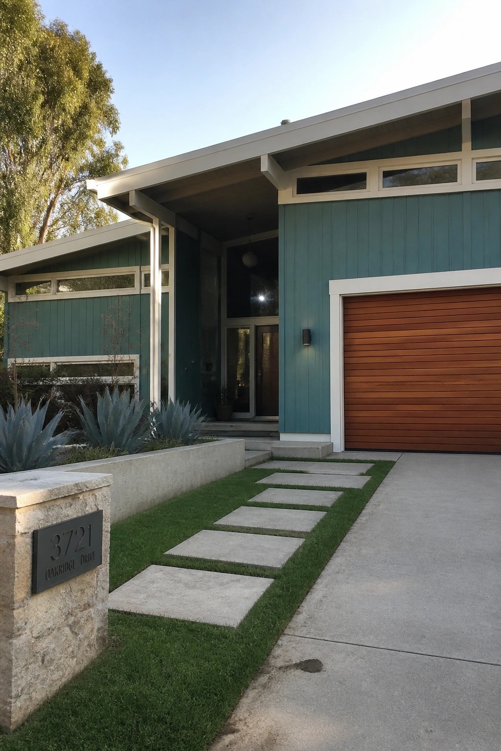Front view of a modern house with teal vertical siding, white trim, a brown horizontal garage door, and a concrete walkway with stone pavers.