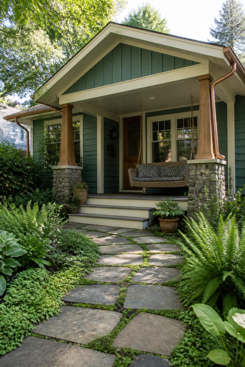 Stone path through ferns leads to green house porch with swing
