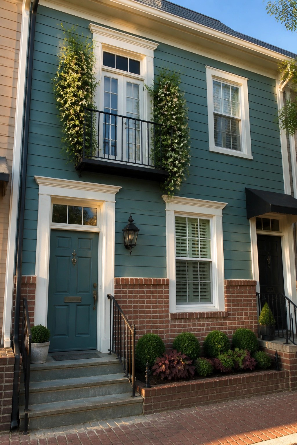 A two-story house with teal siding, white trim, a black balcony, and a teal front door.