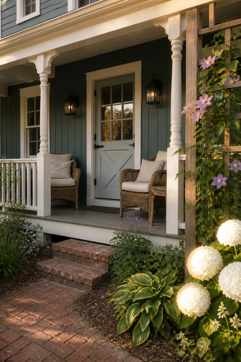 Cozy porch with wicker chairs, white door, and blooming white hydrangeas on green house