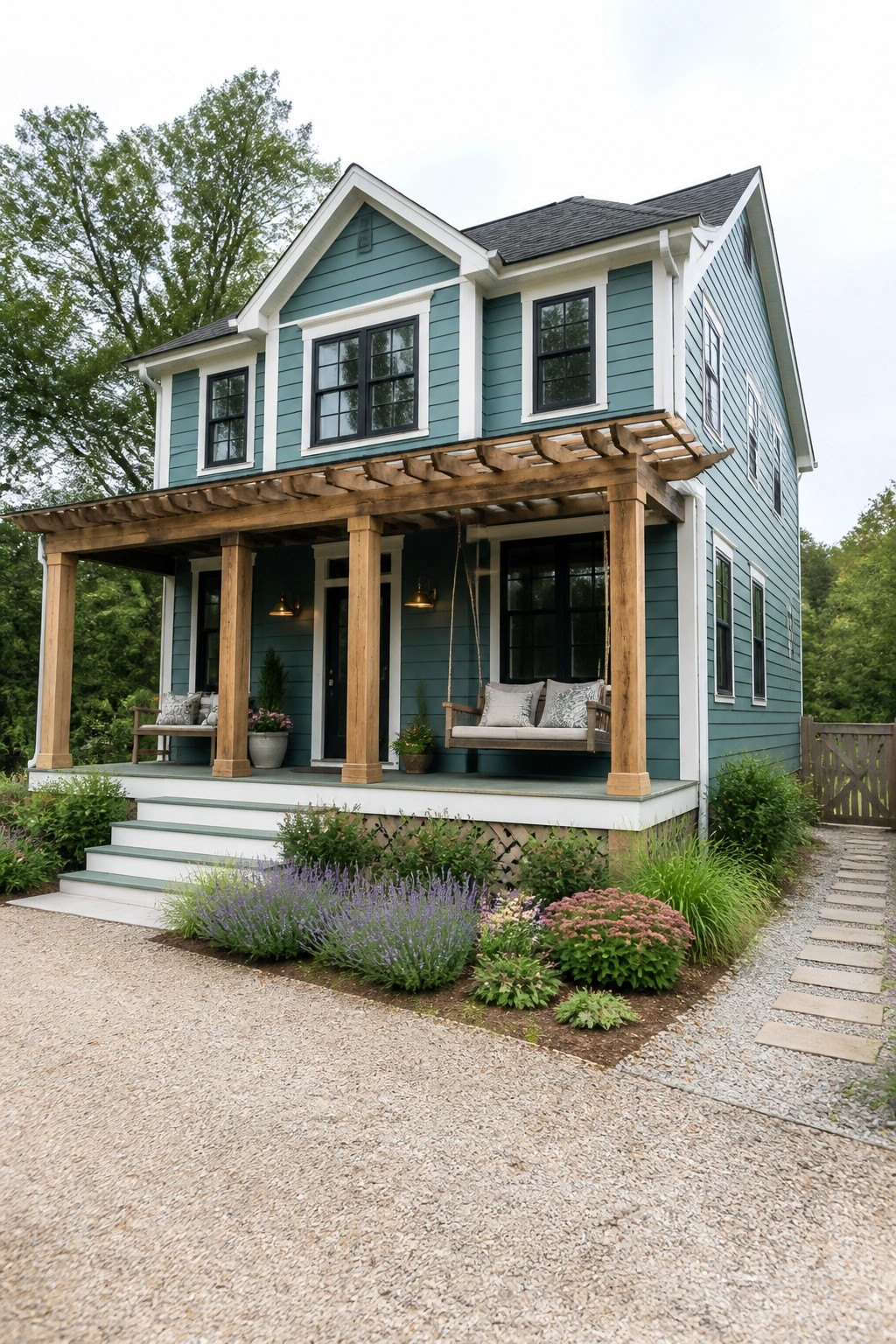 Teal two-story house with white trim, porch swing under wooden pergola, and flower garden.