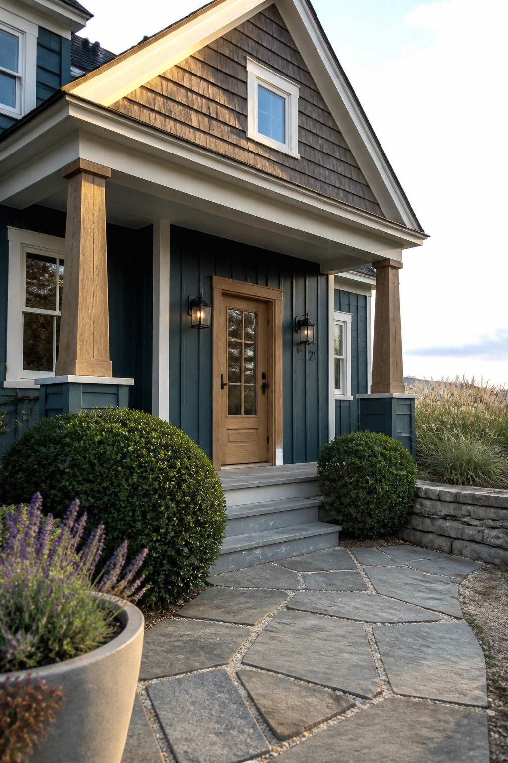 A teal house exterior featuring a wooden front door, wooden porch columns, white trim, gray stone steps, and a flagstone walkway.