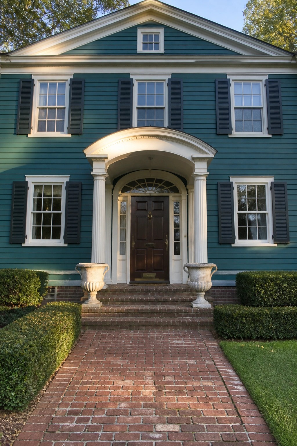 A two-story teal house with white trim, black shutters, and a white columned portico over the front door.