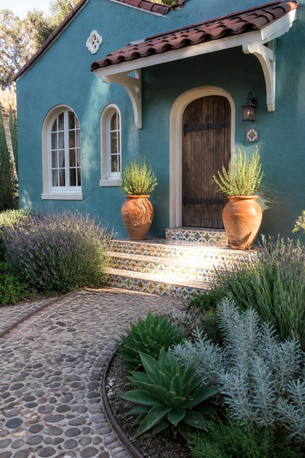 A teal stucco house exterior with white trim around an arched wooden door and windows, terracotta pots on tiled steps, and a cobblestone path.