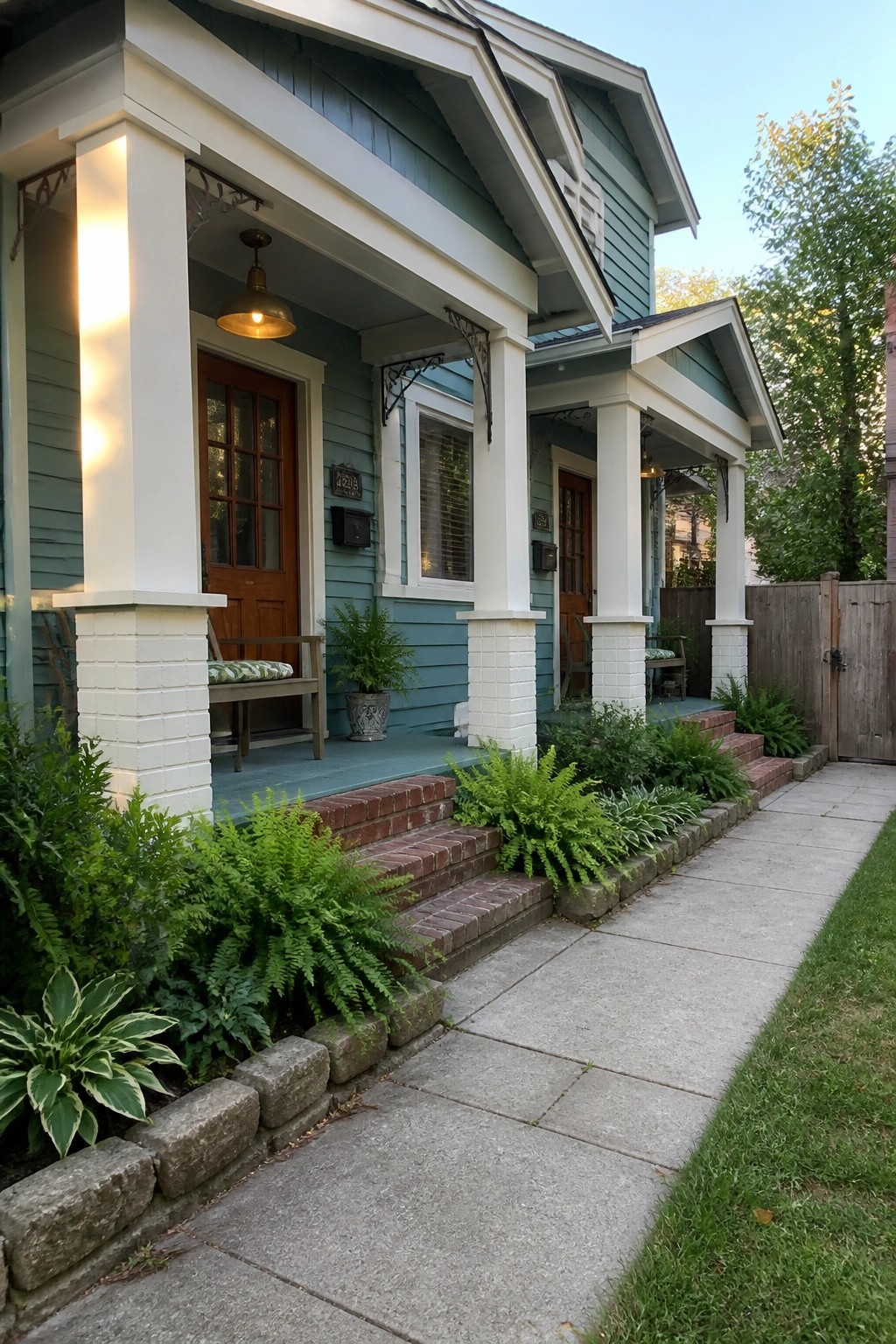 Light blue house with white porch columns, brick steps, ferns, and sidewalk