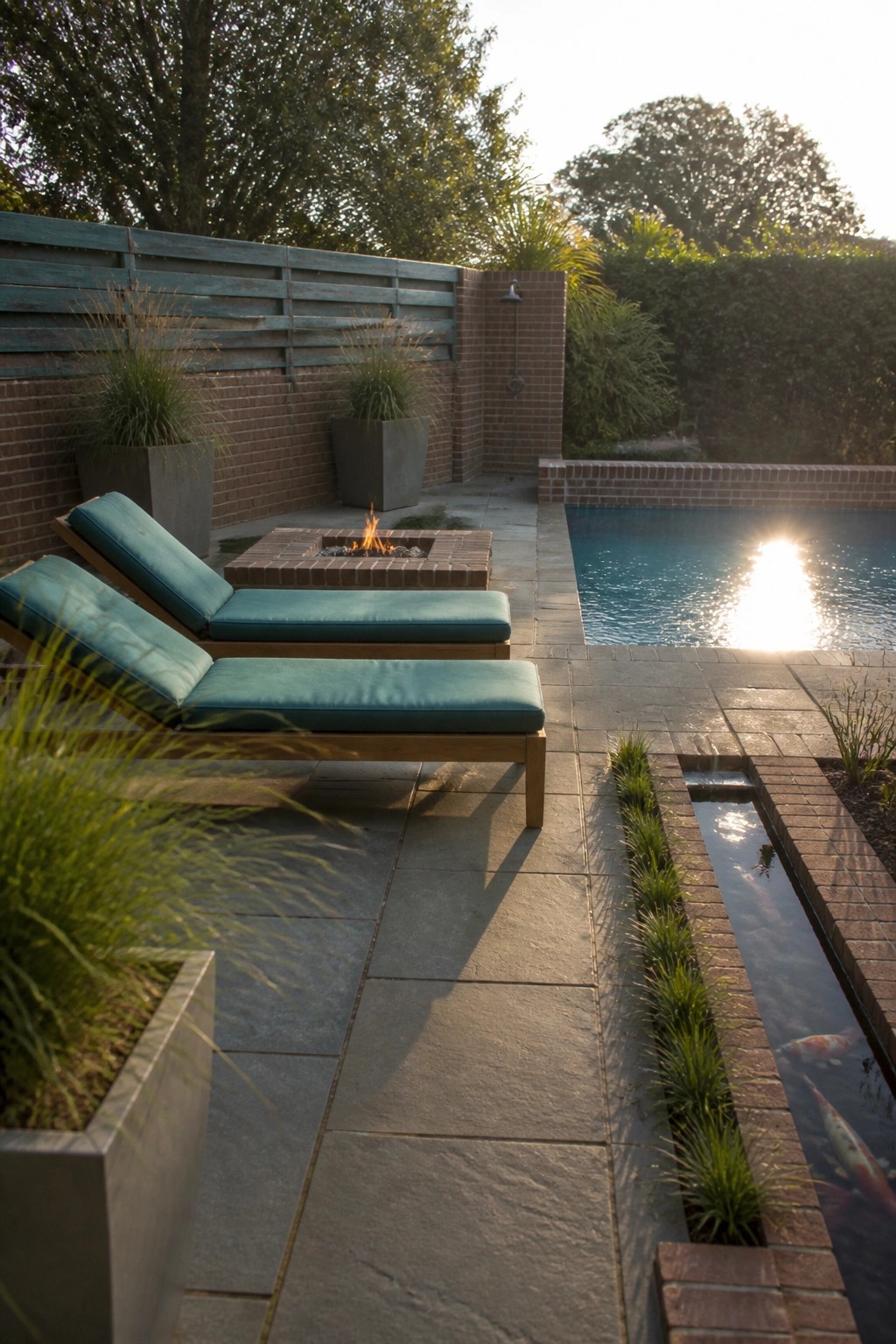 Two teal cushioned wooden lounge chairs sit on a stone patio beside a brick fire pit, with a narrow water channel holding koi fish running parallel to the pool.