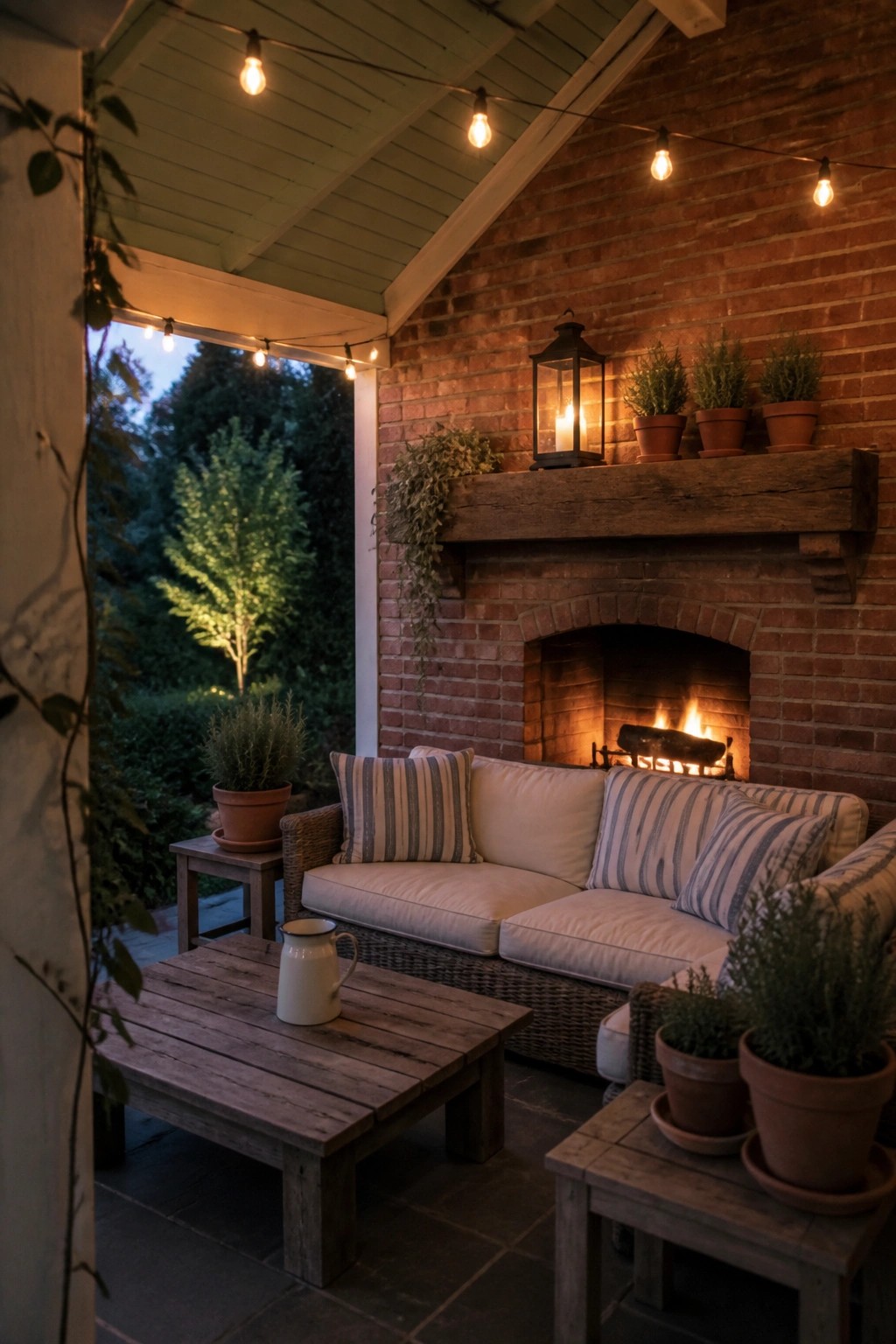 A covered porch with a red brick fireplace, wicker sofa with striped cushions, wooden coffee table, potted plants, and string lights.