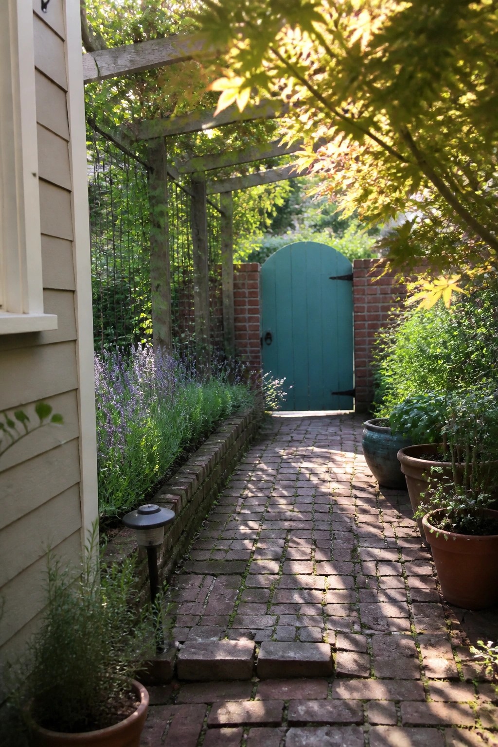 A narrow brick pathway bordered by low brick beds filled with lavender and greenery leads to a teal arched door in a red brick wall, with terracotta pots on the right side.