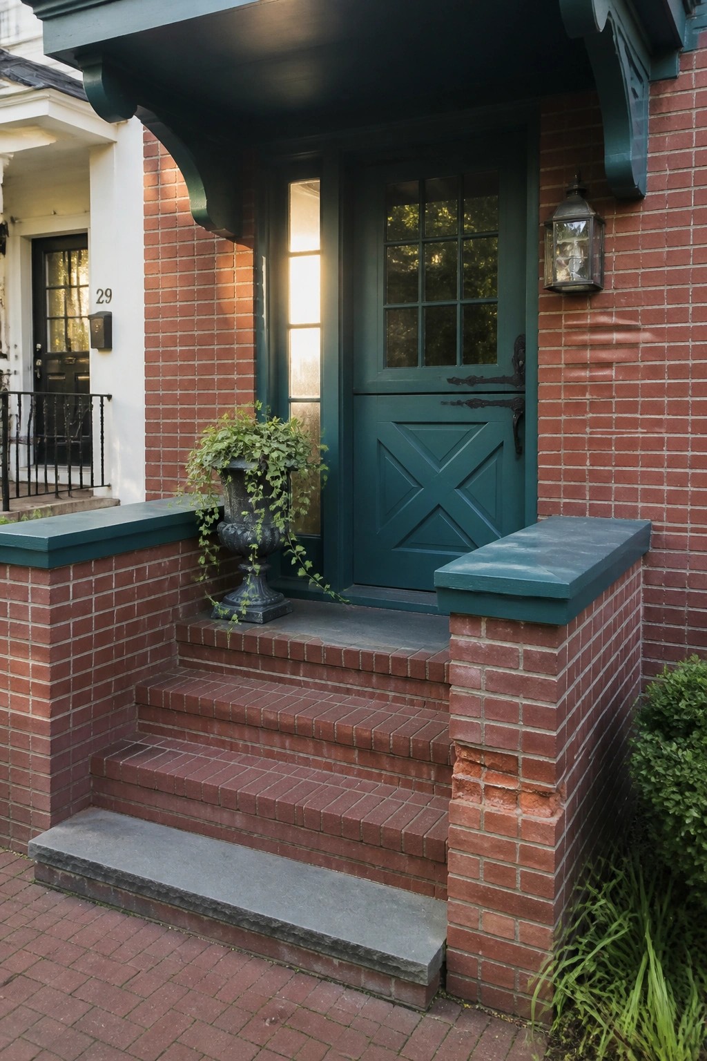 A red brick house front entrance featuring a teal door, matching trim, brick steps, and a potted plant beside the door.