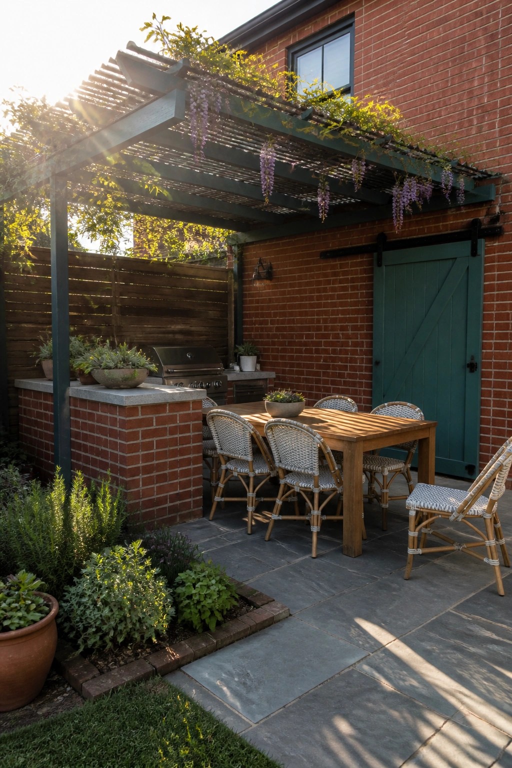 A wooden dining table with woven chairs sits under a green pergola draped in purple wisteria beside a red brick house with a teal sliding door.