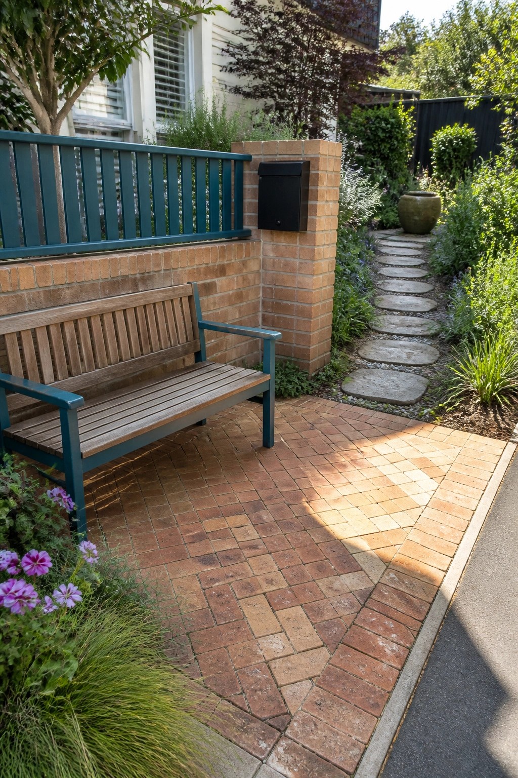 A wooden bench with teal frame and arms sits on a red brick patio beside a brick pillar holding a black mailbox, with a stone path and garden plants visible nearby.