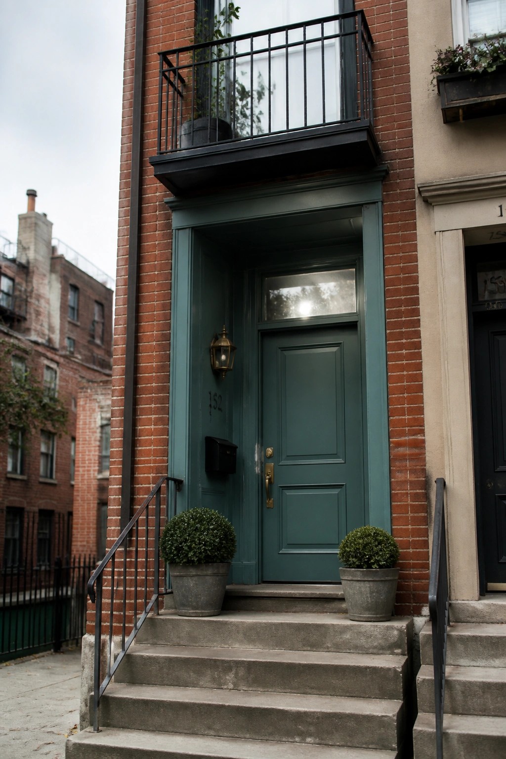 A teal paneled door centered on a red brick house facade with concrete steps, two potted shrubs, and a small balcony above.