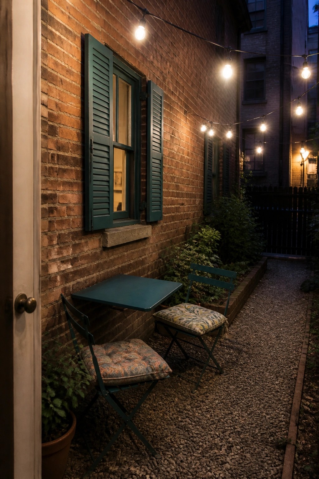 Teal table and cushioned chairs on gravel beside brick wall with string lights.