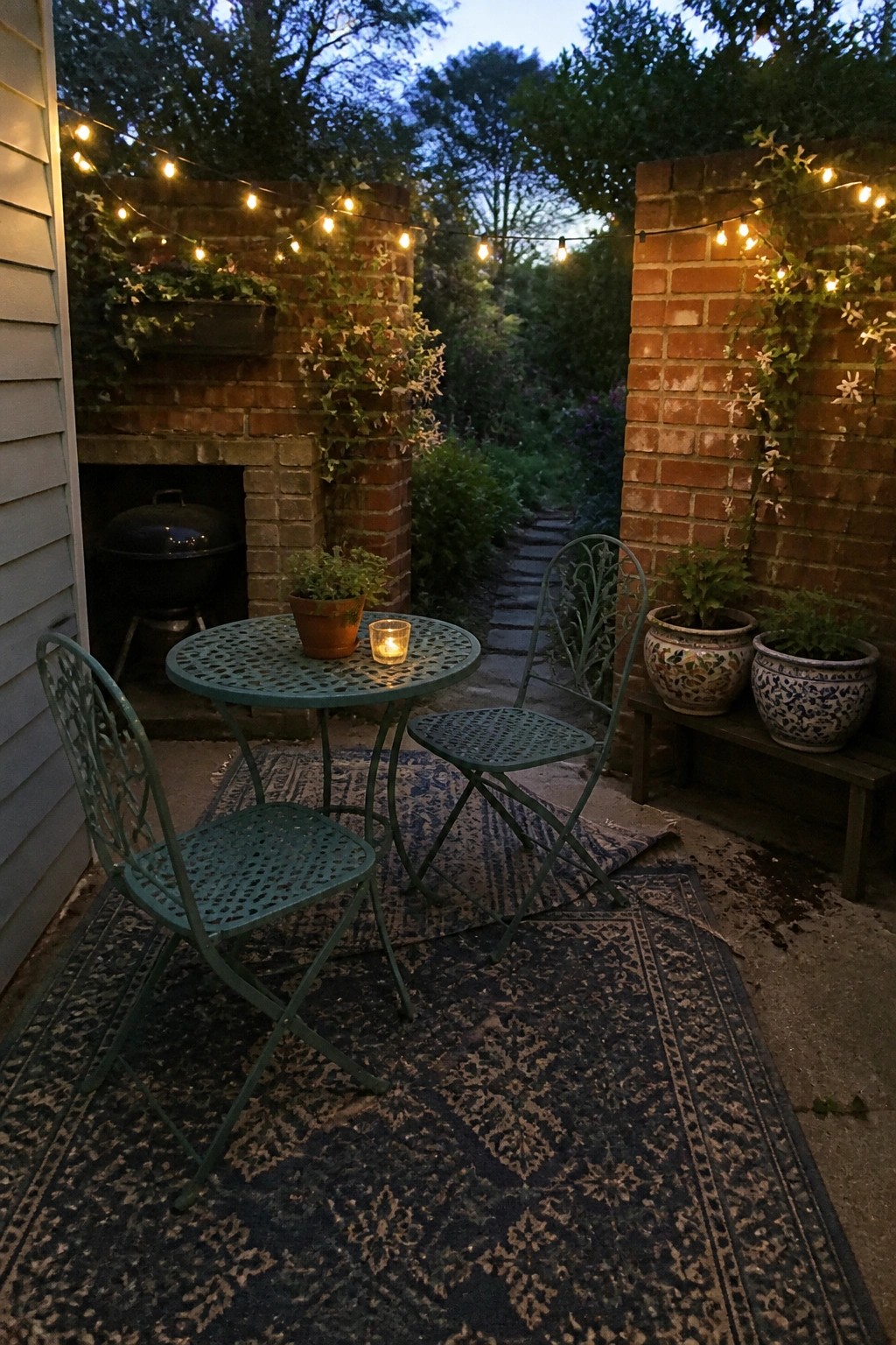 A small teal metal patio table and two chairs sit on patterned rugs in front of red brick walls strung with lights, next to potted plants and a built-in grill.