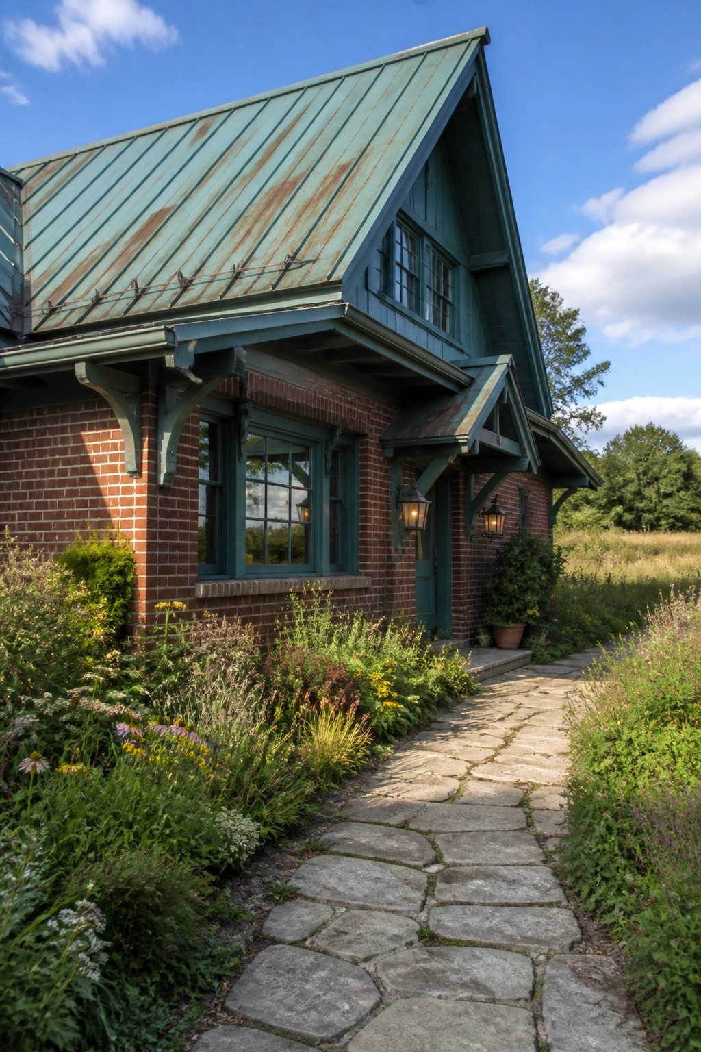A red brick house exterior with teal painted window frames, trim, and a green metal roof, shown from a stone pathway lined with garden beds.