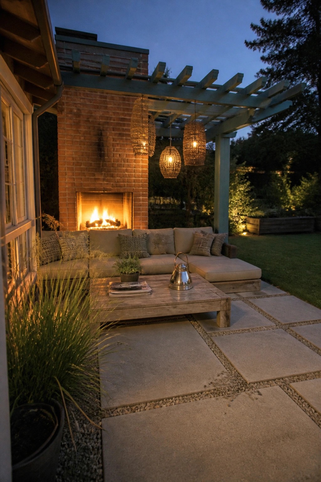 An outdoor patio featuring a red brick fireplace under a teal wooden pergola, with a sectional sofa, wooden coffee table, and hanging woven lights on stone pavers at dusk.