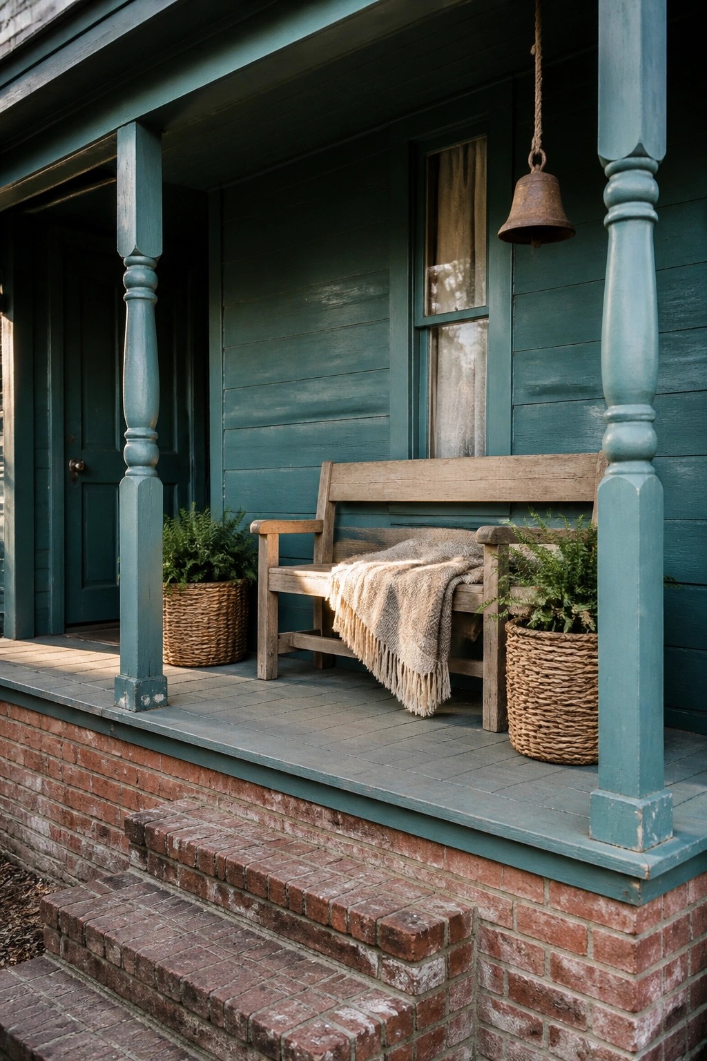 A teal painted porch with wooden bench, woven baskets, and brick steps on a house exterior.