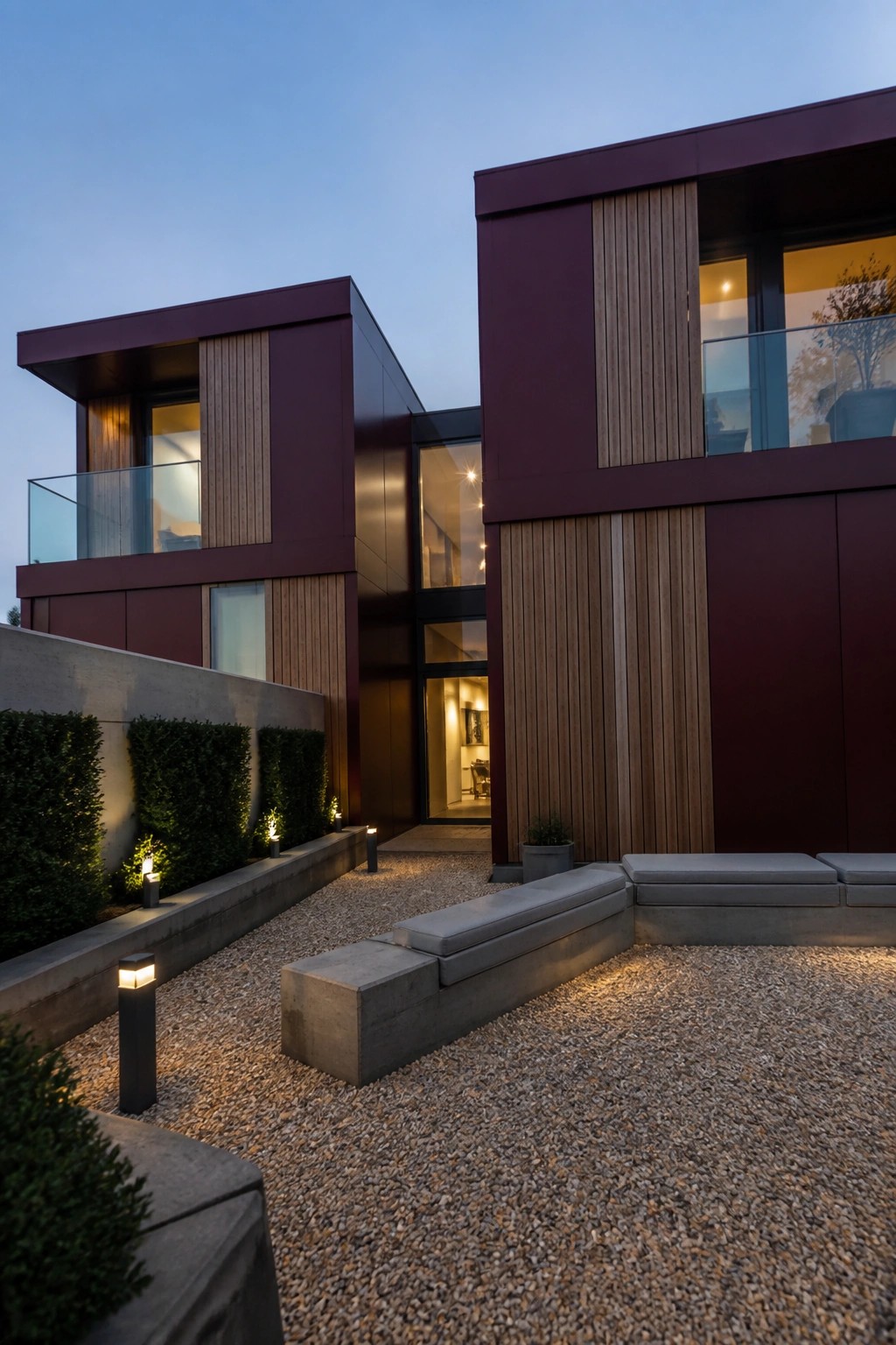 Modern red house with wooden accents, glowing windows, gravel patio at dusk.
