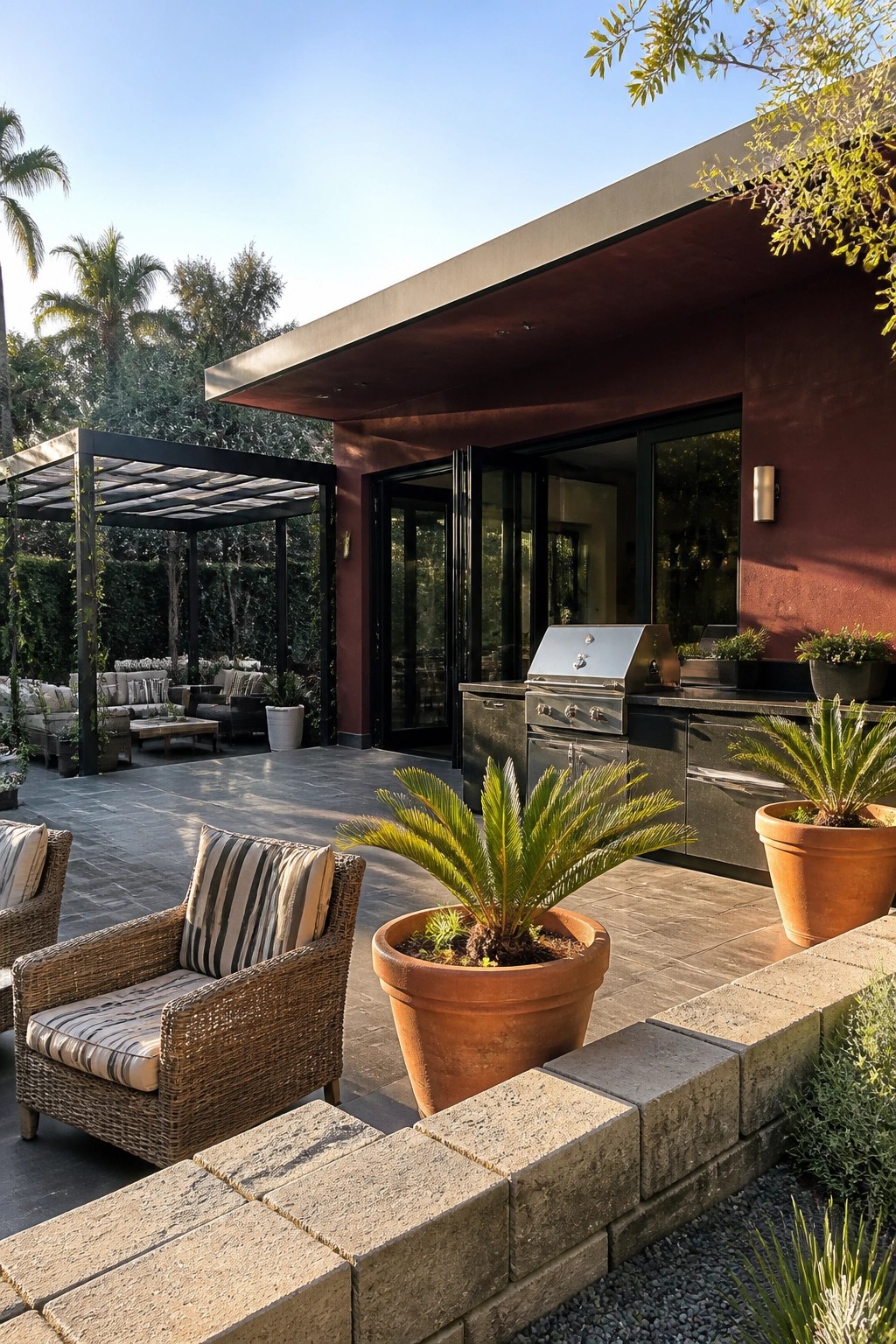 A modern burgundy house with a flat roof overhang covering a stone patio that holds a long dining table and separate lounge seating with potted plants along the edge.