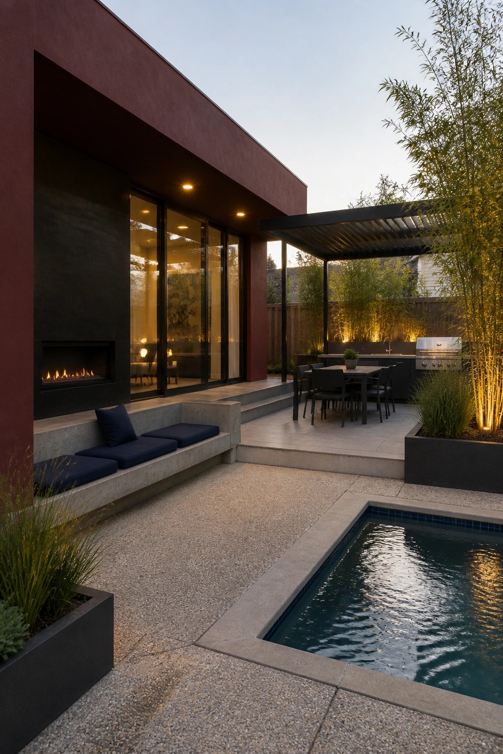 Modern patio with plunge pool, outdoor fireplace, kitchen pergola, and concrete seating at dusk.