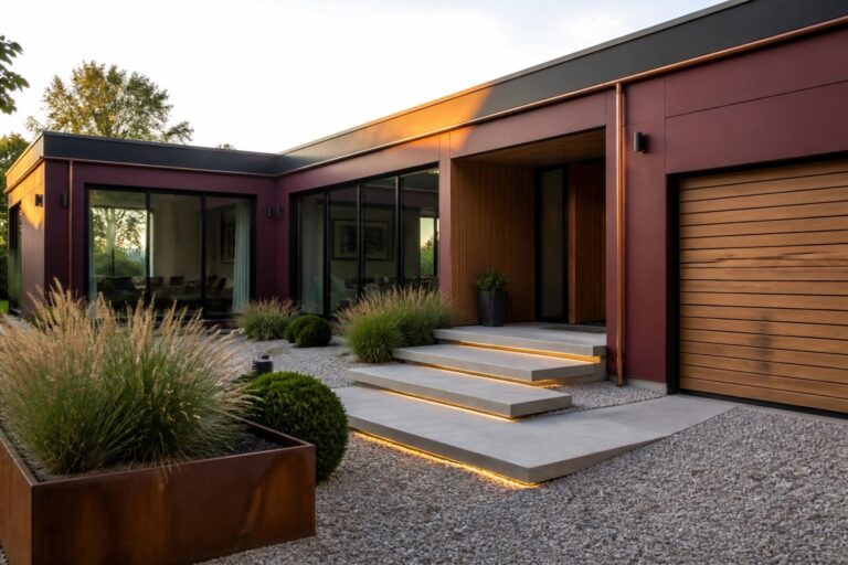 19 Sleek Modern Burgundy House Exteriors Built Around Flat Rooflines A modern single-story house with flat roof, burgundy metal siding, large black-framed windows, illuminated concrete steps, and gravel landscaping in front.