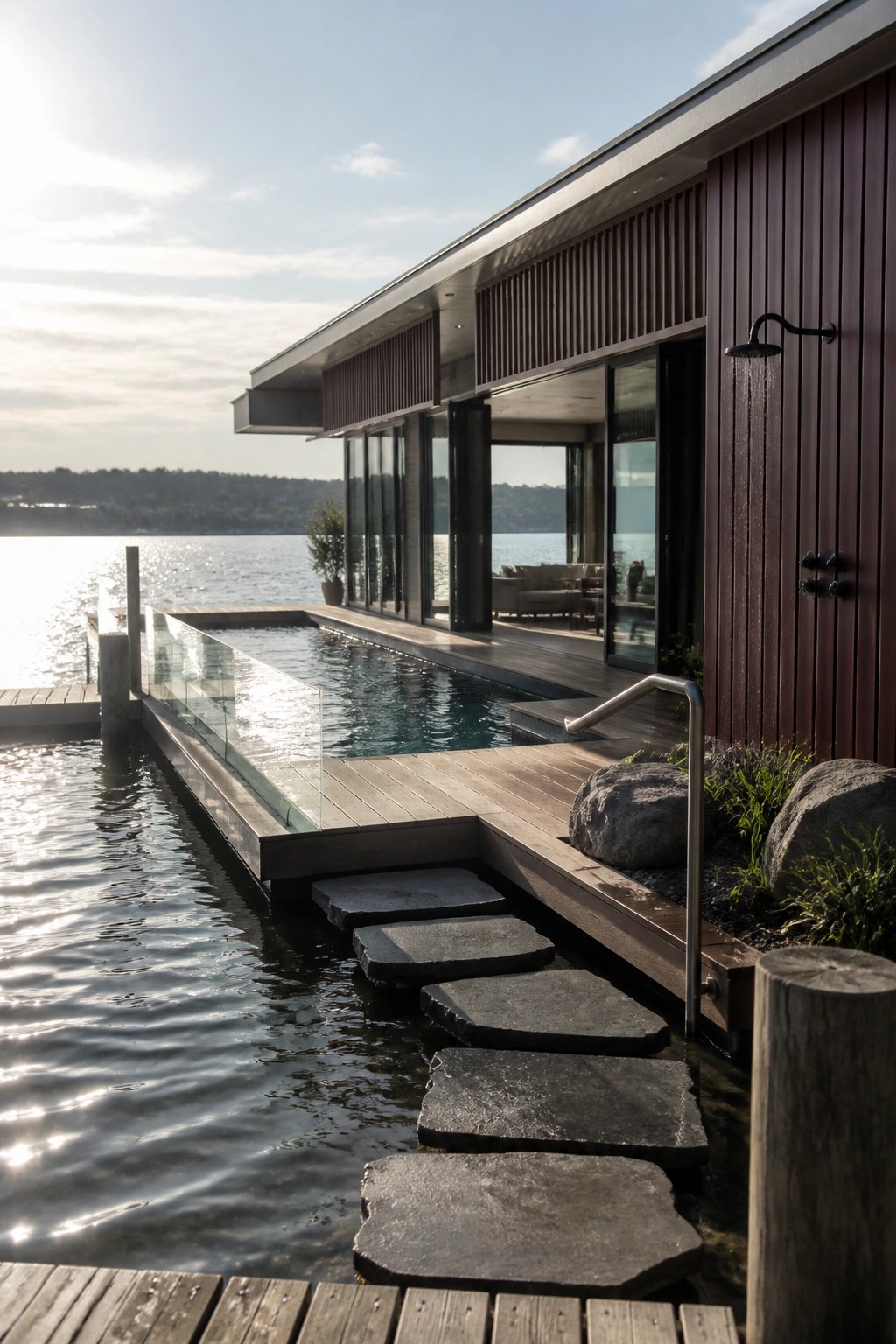 Modern lakeside home with infinity pool, stone path, and outdoor shower.