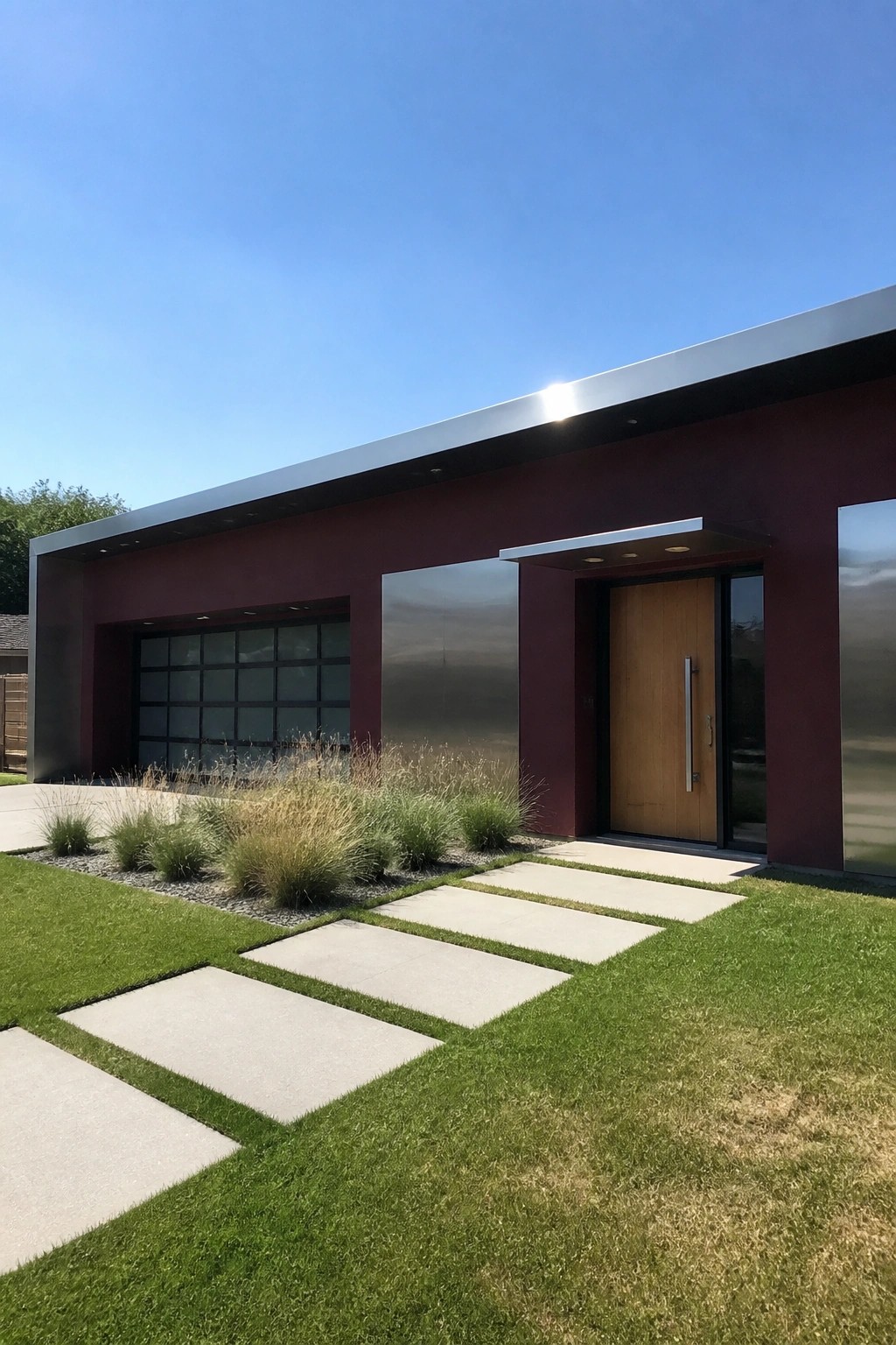 Modern single-story house with flat roof, burgundy exterior walls, wooden front door under a small overhang, attached garage, and concrete pavers across a lawn.