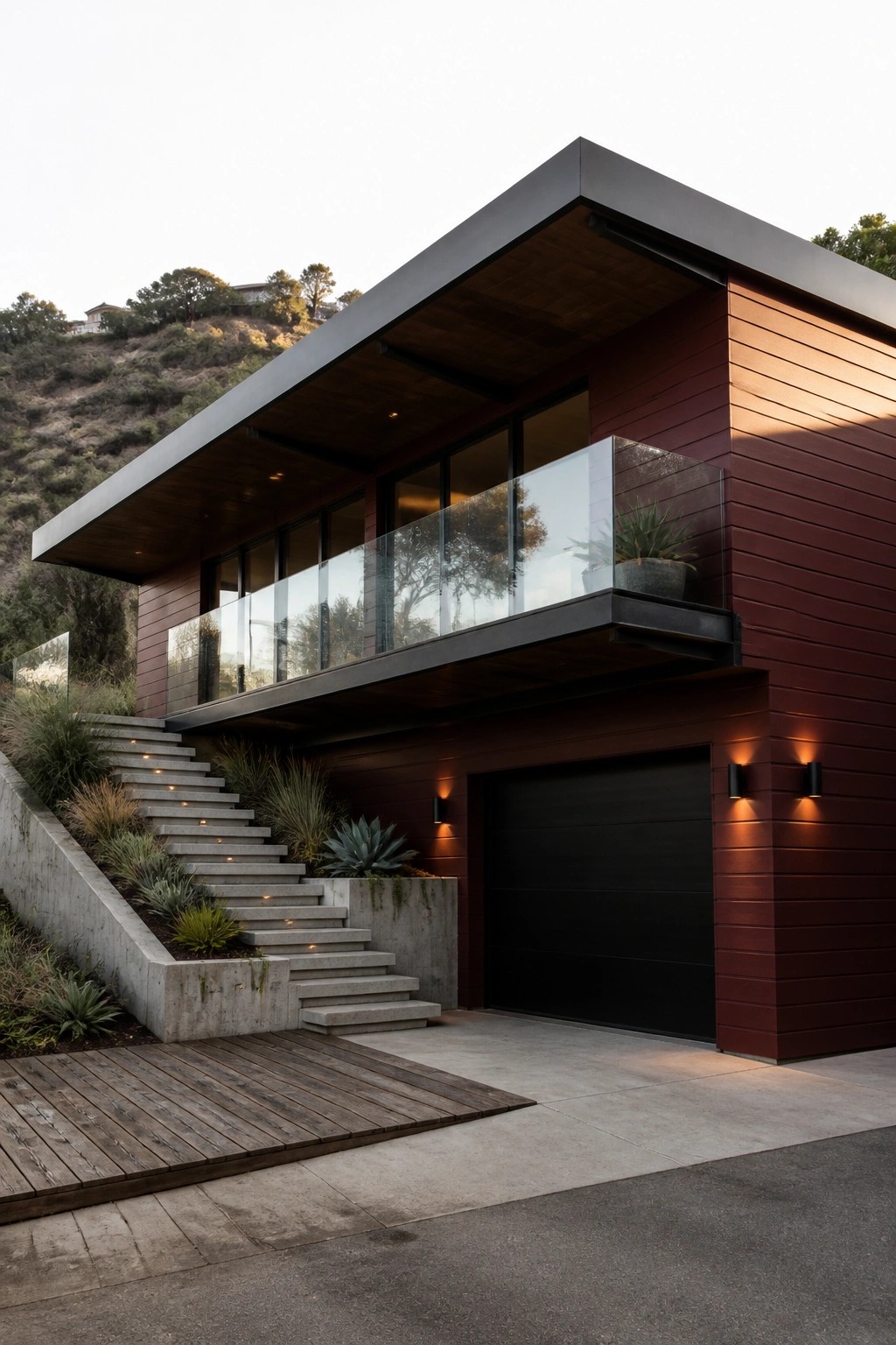 Modern two-story house exterior with flat roof, burgundy wood siding, large windows, cantilevered balcony with glass railing, concrete stairs, and black garage door.