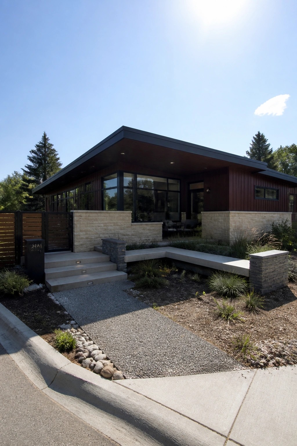 A modern single-story house with a flat roof, burgundy wood siding, stone base, and concrete steps viewed from the street.