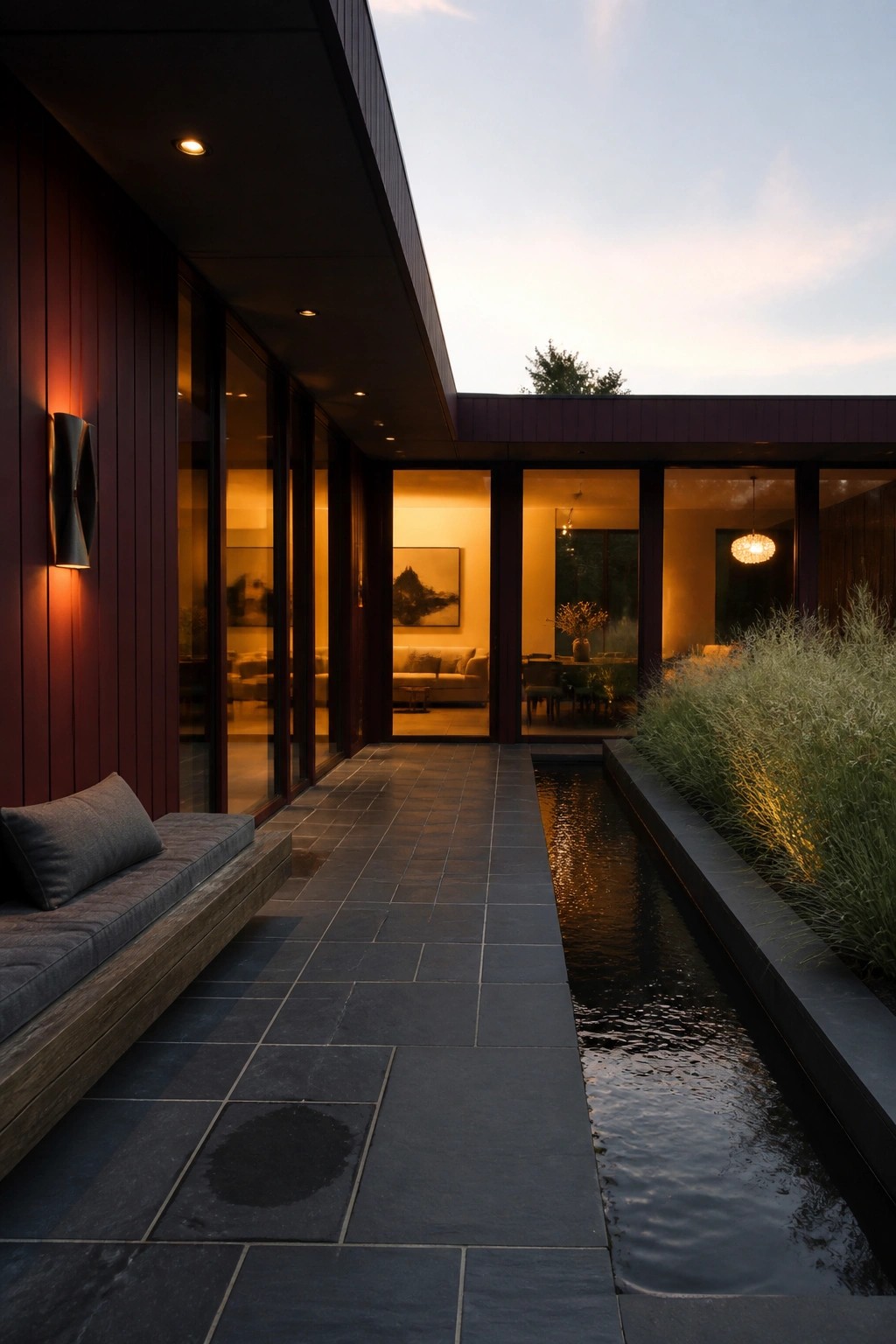 Modern burgundy house exterior with flat roof overhang, vertical siding, large glass doors, stone patio, and narrow water channel running alongside at dusk.