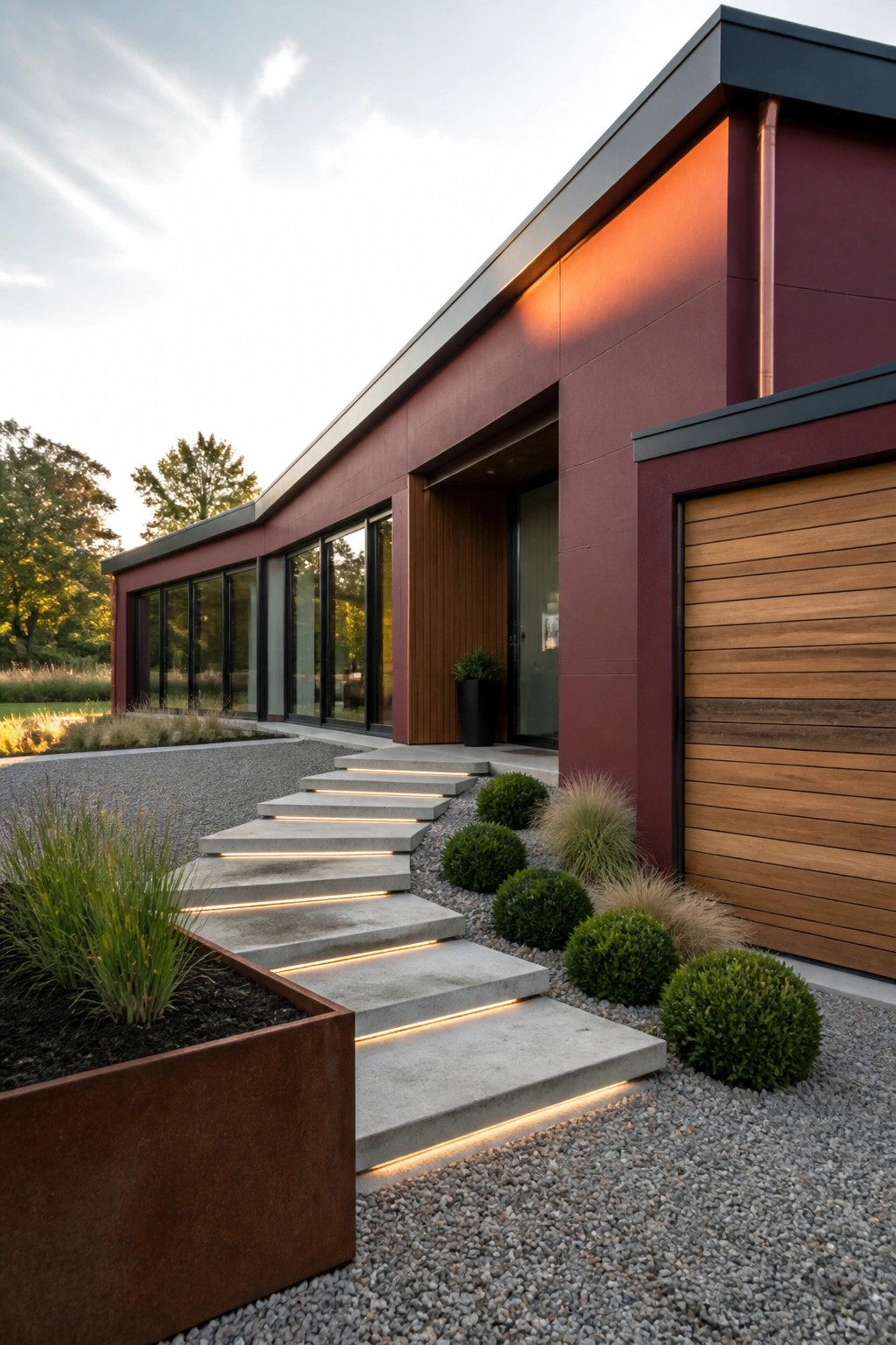 A modern single-story house with flat roof, burgundy metal siding, large black-framed windows, illuminated concrete steps, and gravel landscaping in front.
