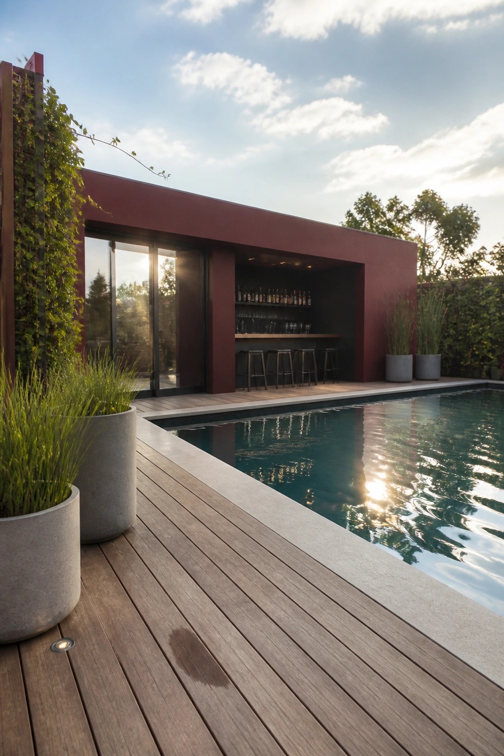 Modern red house with poolside bar, stools, wooden deck, and potted plants at sunset