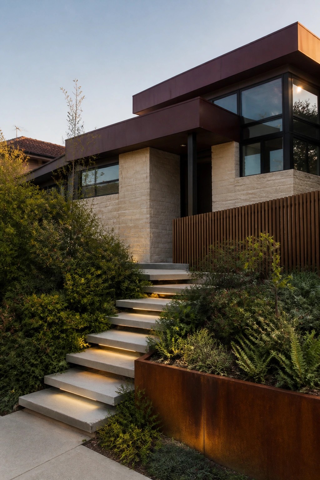 Modern house exterior with flat roof, burgundy metal siding on upper level, stone base, large windows, and lit concrete steps leading to a wood door.