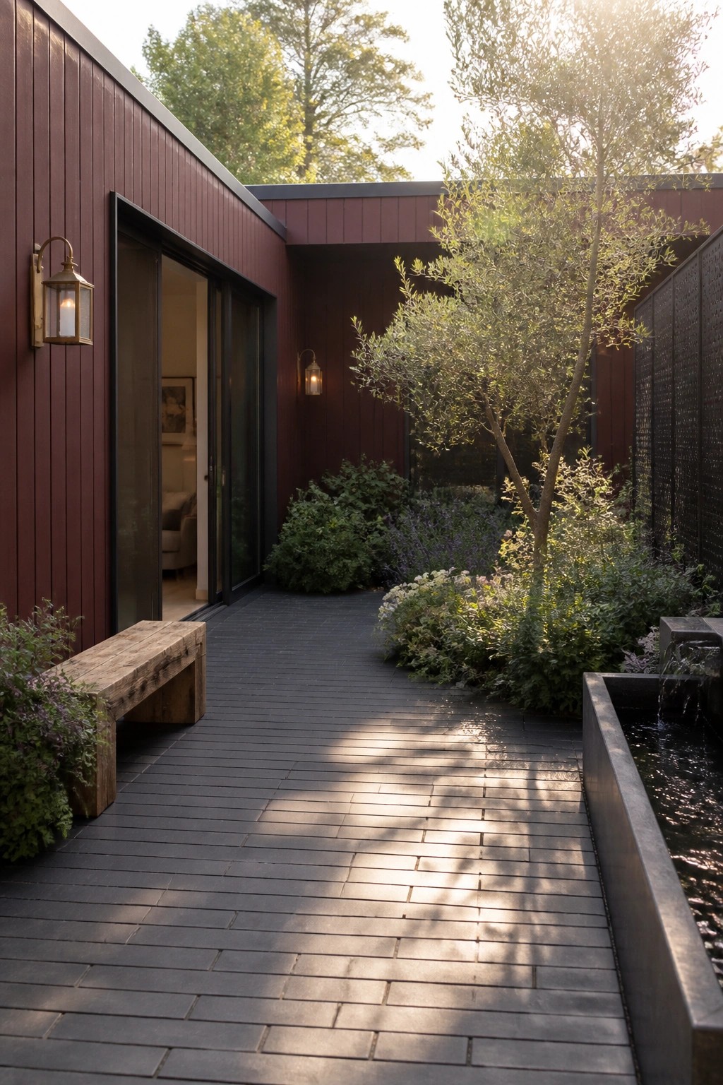 Modern burgundy house exterior with flat roof overhang, dark paved courtyard, wooden bench, linear water feature, and olive tree.