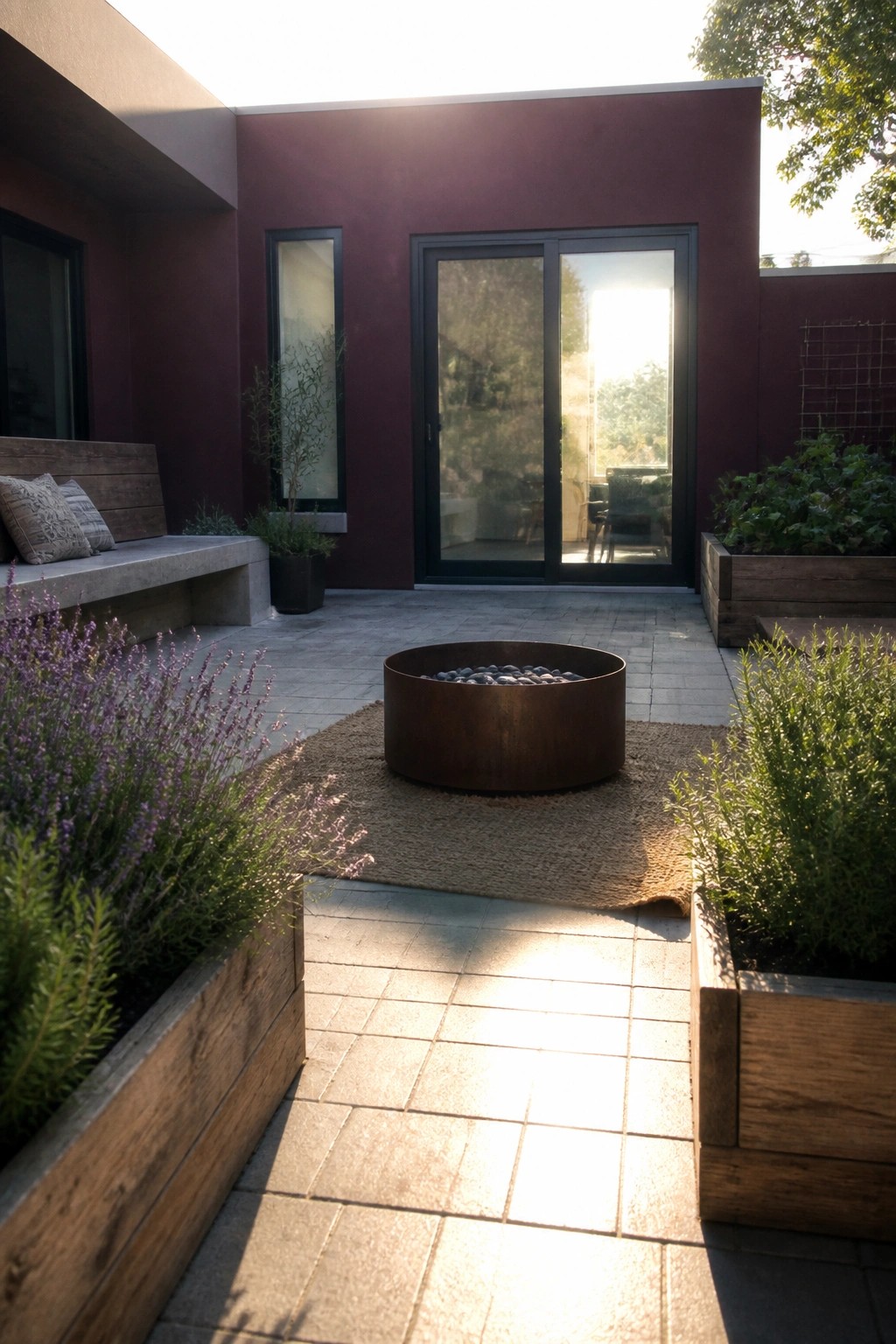A modern courtyard patio features a long rectangular corten steel fire pit on a woven rug, with wooden planters, concrete pavers, and a deep burgundy stucco wall with a glass door.