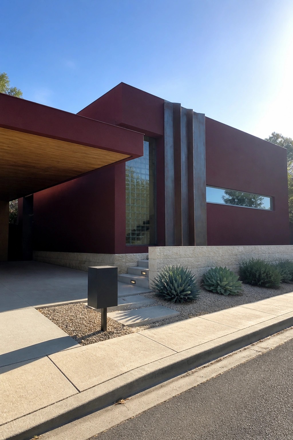 A modern single-story house with a flat roof, red exterior walls, vertical metal accents, a glass block window, and a cantilevered overhang above the driveway.
