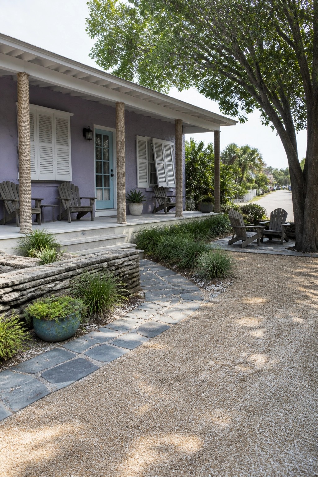 A single-story house with soft pastel purple walls, white shutters, a light blue door, and rope-wrapped porch columns next to a stone path and gravel driveway.