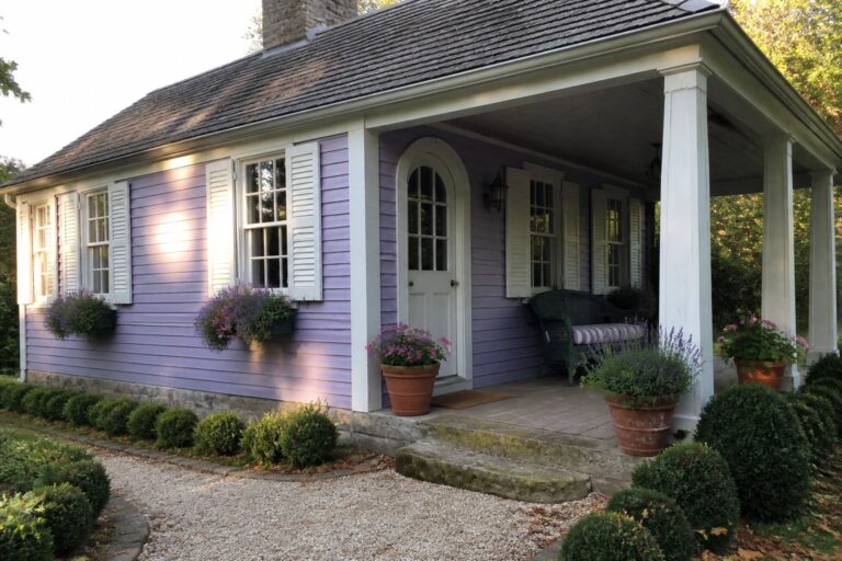 17 Soft Pastel Purple House Exterior Ideas Paired With White Shutters Purple house with white porch, wicker chair, potted flowers along gravel path