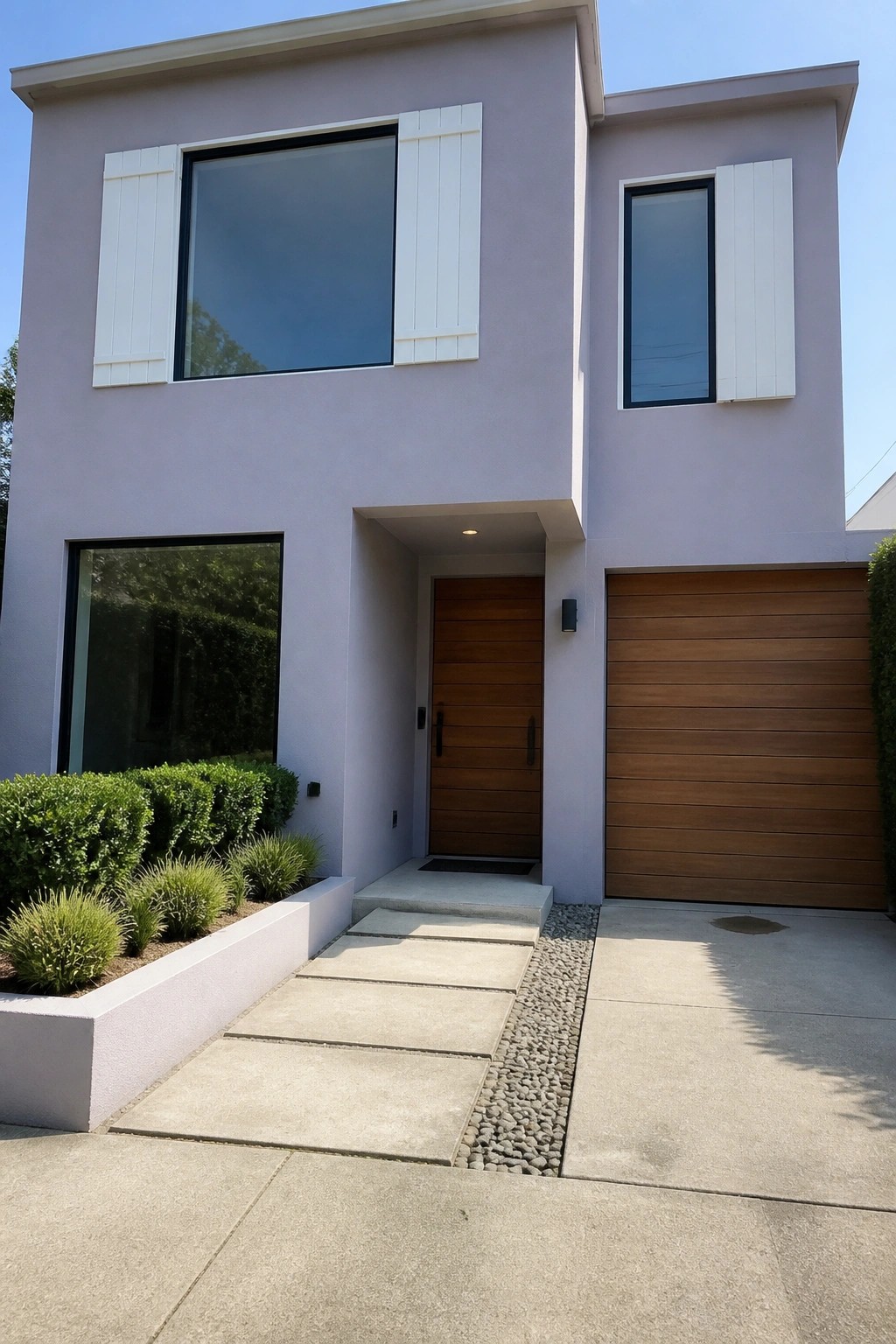 A two-story house with pastel purple stucco walls, white shutters on multiple windows, a wooden front door, and a horizontal wood garage door.
